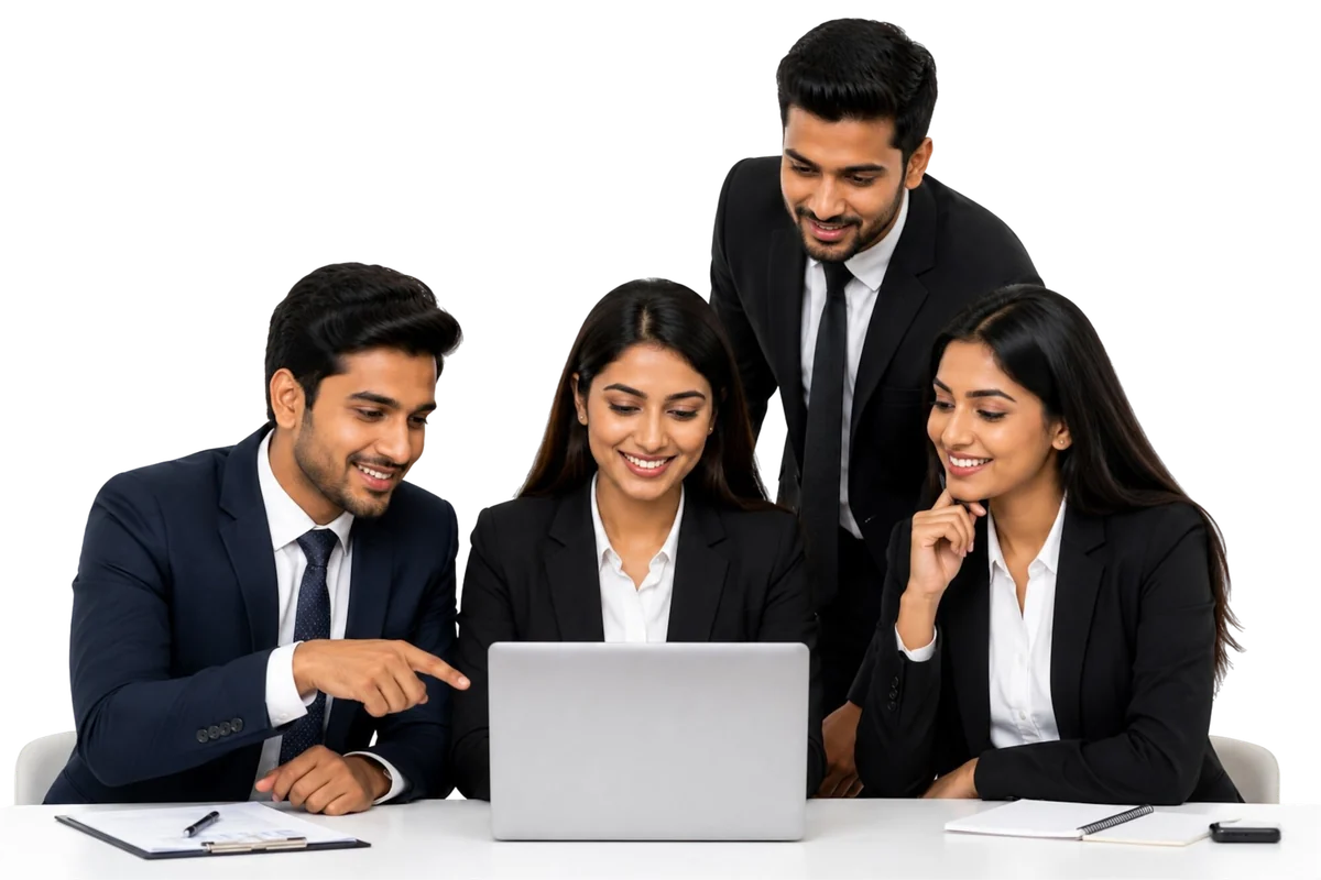 Four professionals collaborating over a laptop